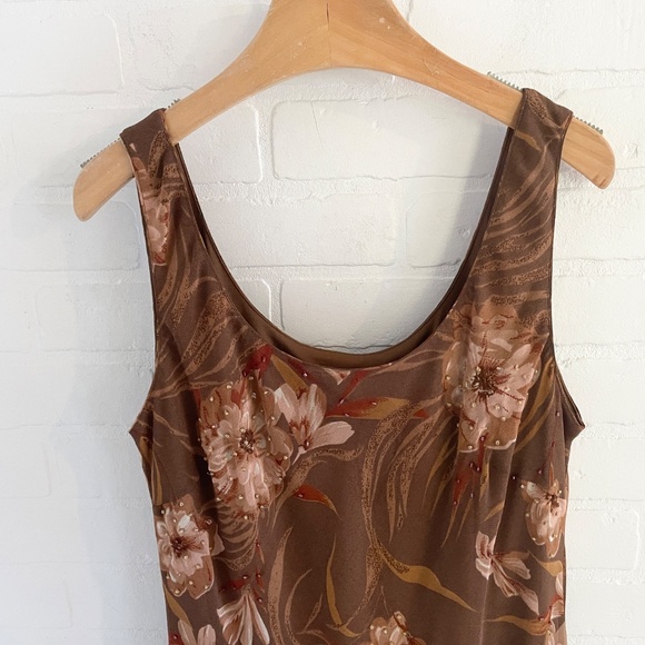 Y2K Midi dress whimsical Wood fairy Floral Chiffon Flowy Ruffled Brown Sz 12 - Picture 3 of 14